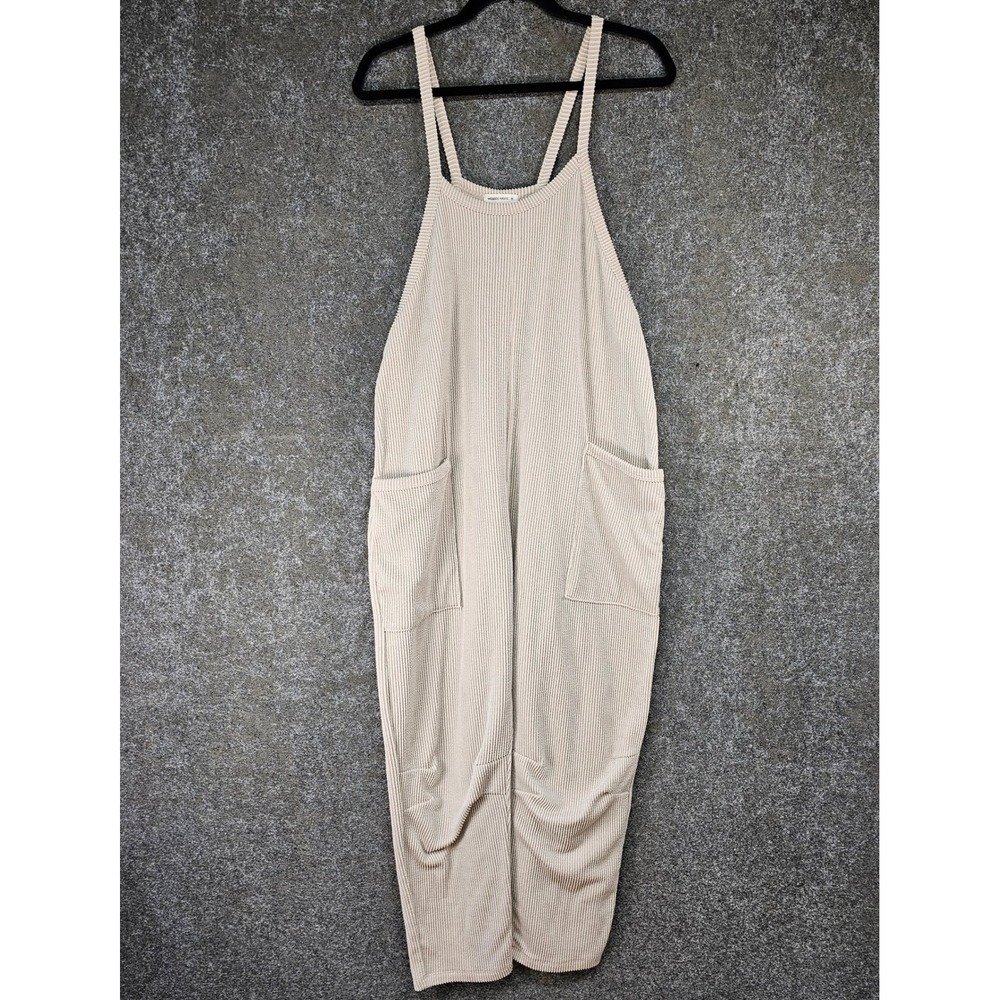 Wasabi + Mint Ribbed Knit Tapered Leg Lounge Romper, Tan, Size Medium